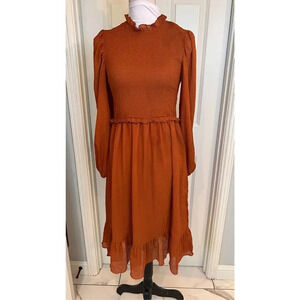 Entrance Womens Small Cinnamon Orange Fit Flare Maxi Ruffle Dress Balloon Sleeve